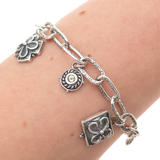 925 Sterling Silver Vintage Real Peridot Cross Floral Charm Oxidized Bracelet 7"