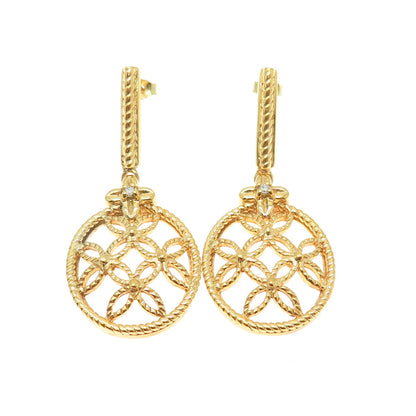 925 Sterling Silver Gold Plated Real Round-Cut Diamond Floral Drop Earrings