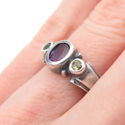 SAJEN 925 Sterling Silver Vintage Real Amethyst & Peridot Oxidized Ring Size 6