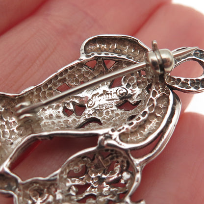 JEZLAINE 925 Sterling Silver Vintage Cat & Mouse Floral Oxidized Pin Brooch