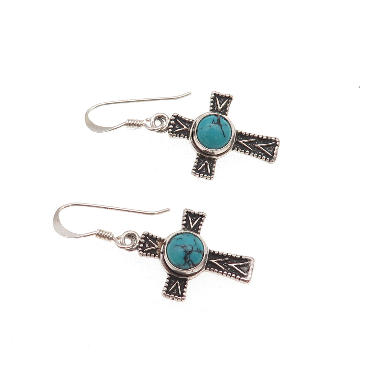 925 Sterling Silver Vintage Real Turquoise Cross Oxidized Dangle Earrings