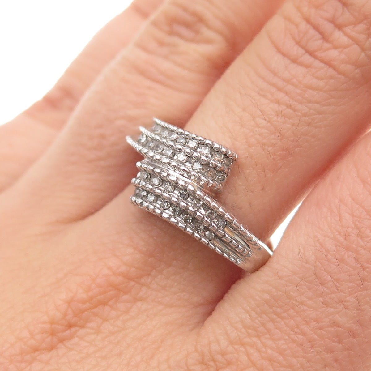 925 Sterling Silver Real Round-Cut Diamond Bypass Ring Size 8.75