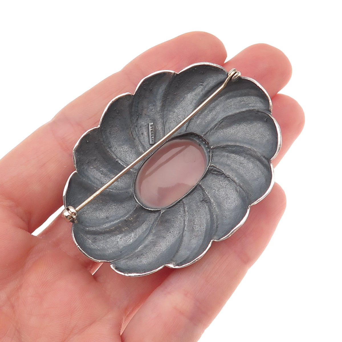 925 Sterling Silver Vintage Real Rose Quartz Modernist Oxidized Pin Brooch