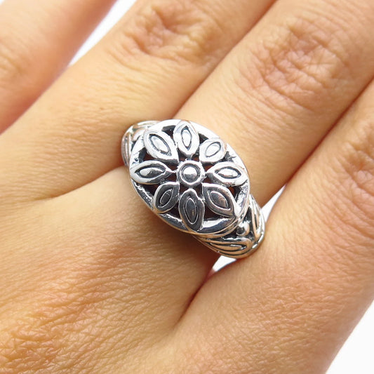 925 Sterling Silver Vintage Ornate Floral Ring Size 6.75