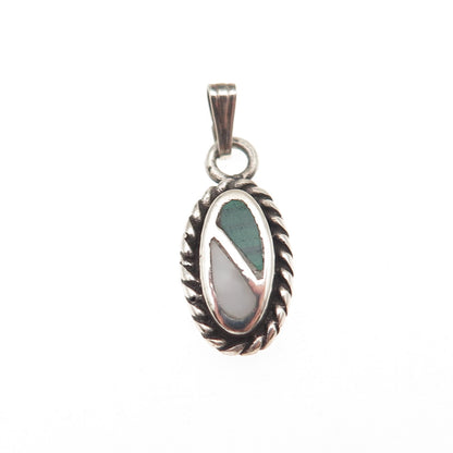 Old Pawn 925 Sterling Silver Vintage Southwestern Turquoise & MOP Charm Pendant