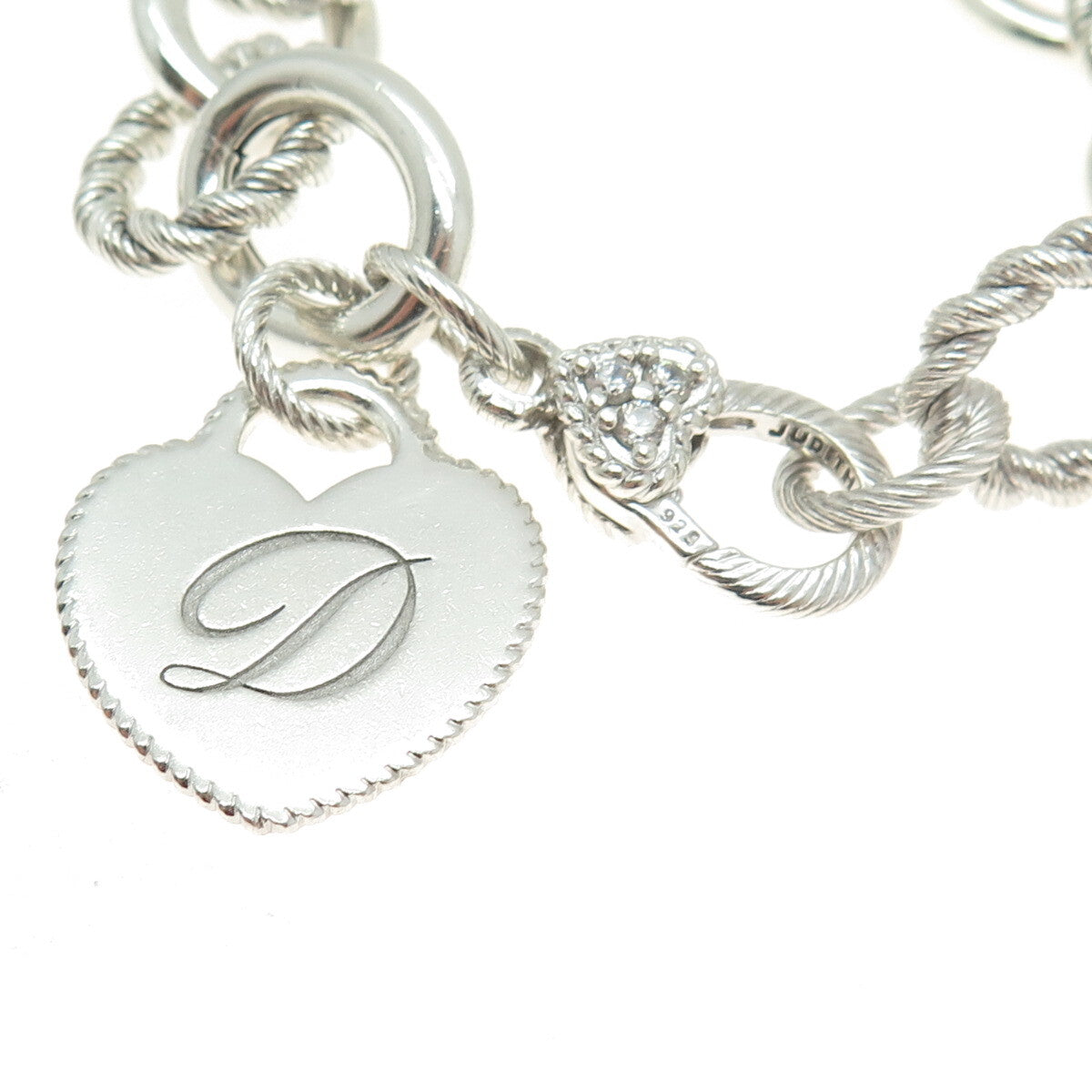 JUDITH RIPKA 925 Sterling Silver Italy C Z Letter "D" Heart Tag Bracelet 7"