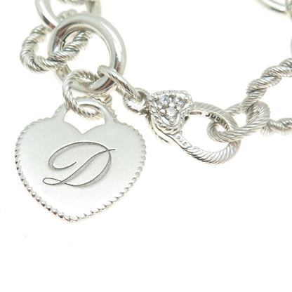JUDITH RIPKA 925 Sterling Silver Italy C Z Letter "D" Heart Tag Bracelet 7"