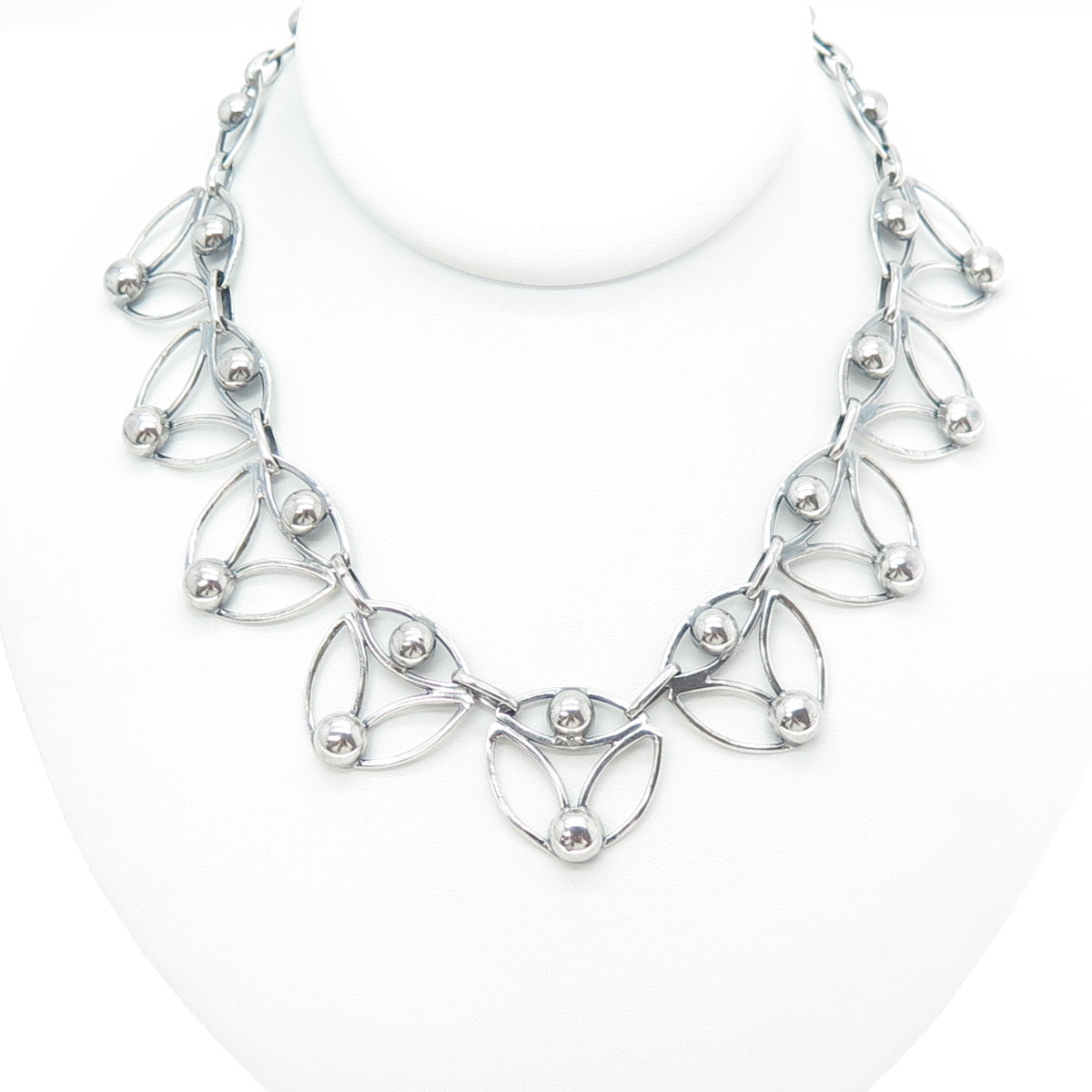 950 Silver Vintage Modernist Beaded Chain Oxidized Necklace 18"