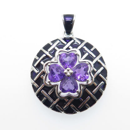 ROSS SIMONS 925 Sterling Silver Enamel Real Amethyst Heart Clover Pendant