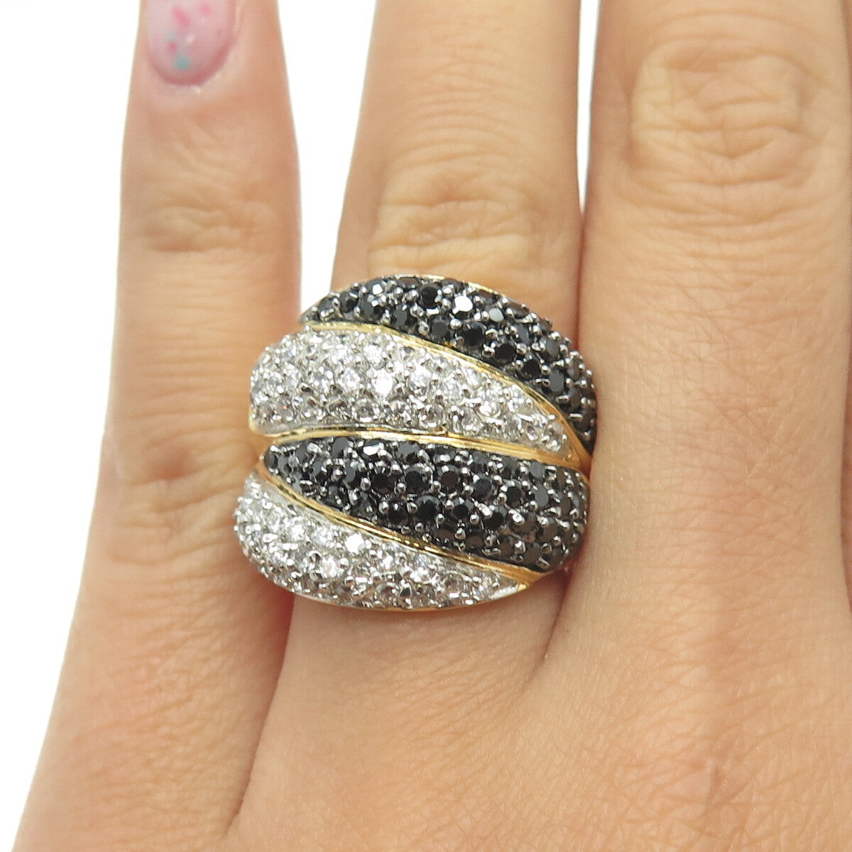 925 Sterling Silver Gold Plated Black Spinel & C Z Claw Ring Size 6.25