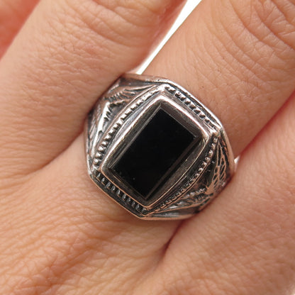 925 Sterling Silver Vintage Real Black Onyx Eagle Bird Oxidized Ring Size 9.75