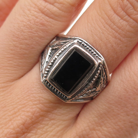 925 Sterling Silver Vintage Real Black Onyx Eagle Bird Oxidized Ring Size 9.75
