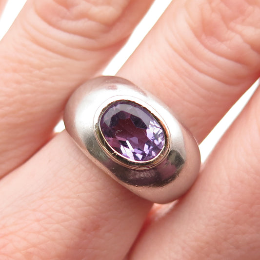 925 Sterling Silver 2-Tone Vintage Real Amethyst Modernist Ring Size 6.5