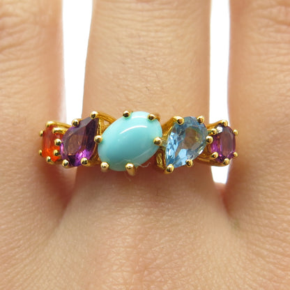 925 Sterling Silver Gold Plated Real Turquoise Topaz Amethyst & Opal Ring Size 8