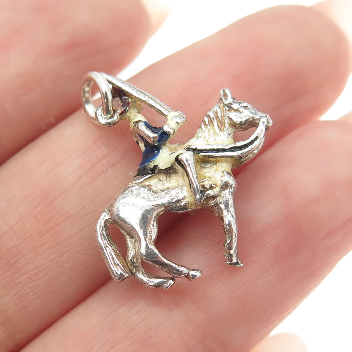 925 Sterling Silver Vintage Enamel Horse Rider 3D Pendant