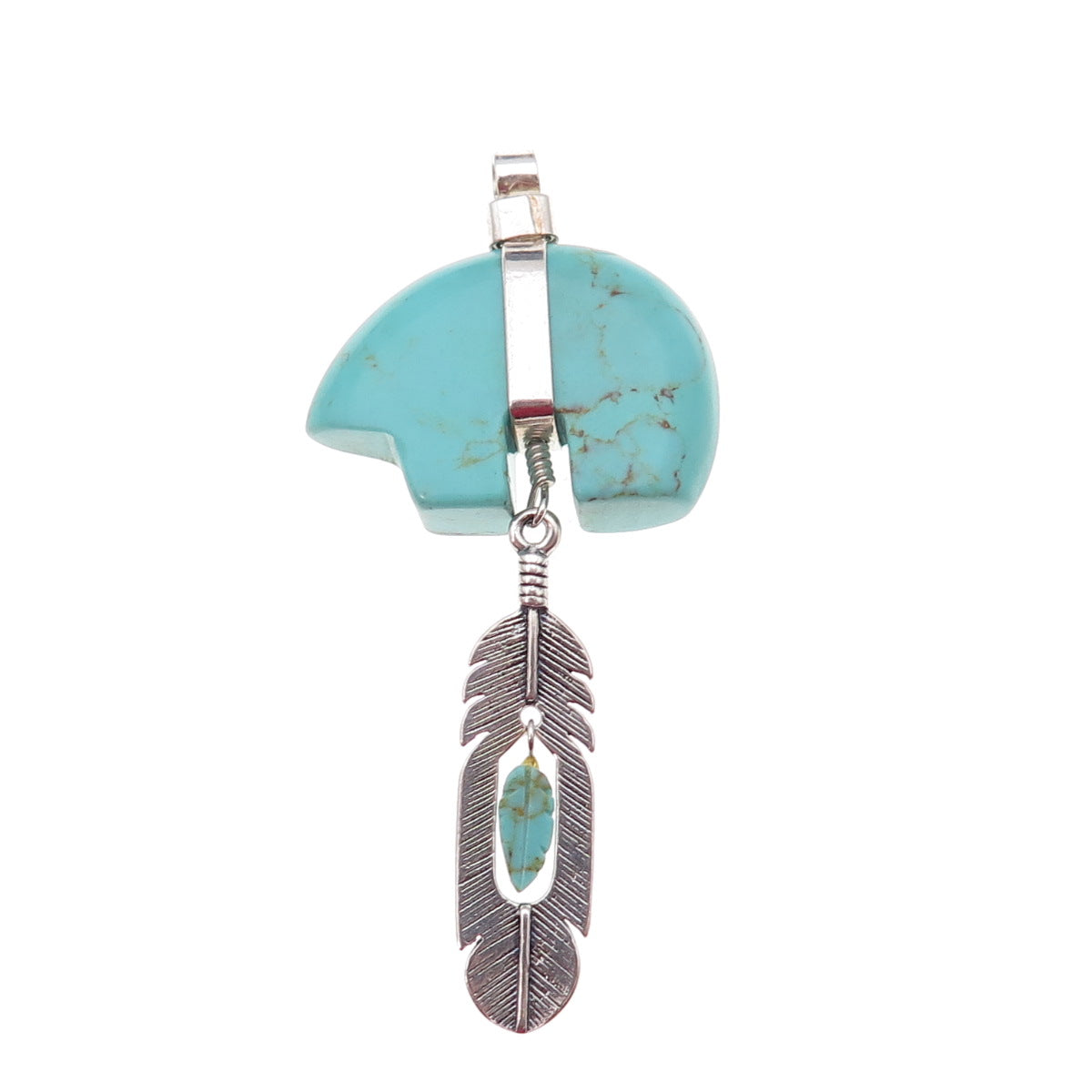 Sundancer Sterling Silver Vintage Southwestern Turquoise Bear & Feather Pendant