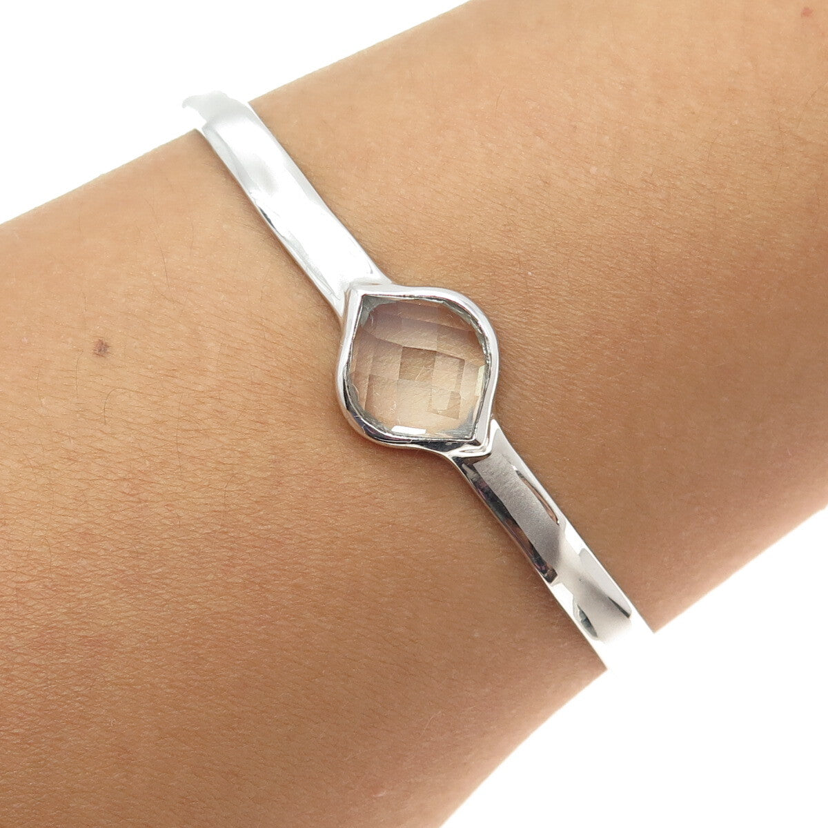 CHARLES GARNIER 925 Sterling Silver Real Clear Quartz Adjustable Bracelet 6.5"