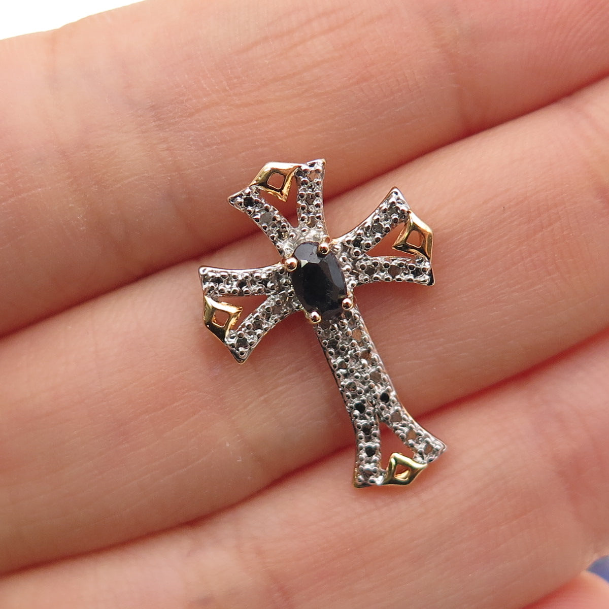 ROSS SIMONS Sterling GP Vintage Real Diamond Accent Sapphire Slide Cross Pendant