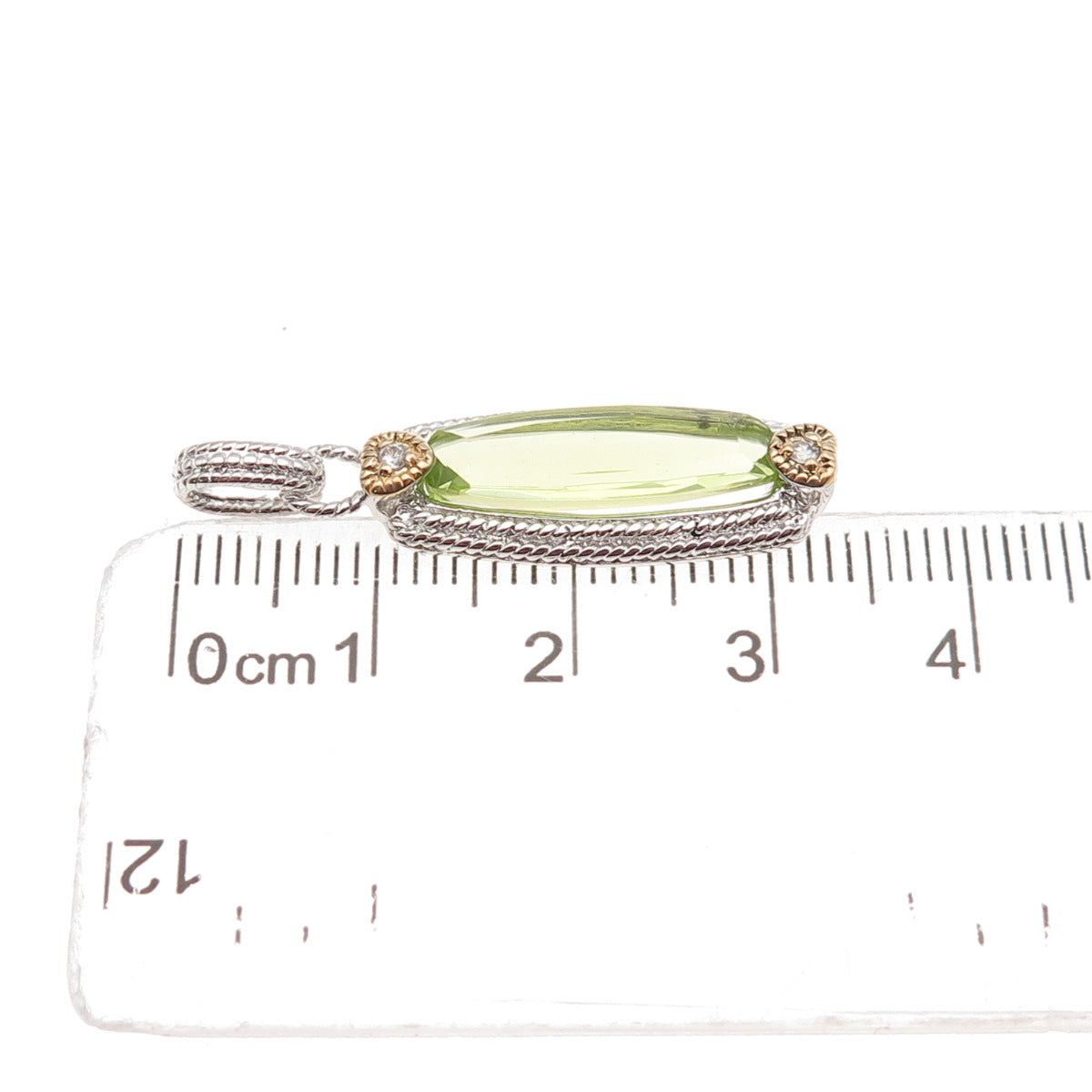 925 Sterling Silver 2-Tone Real Lime Quartz & C Z Heart Charm Pendant