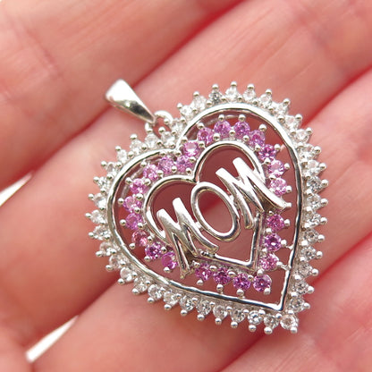 JANE SEYMOUR Sterling Silver Real Pink Sapphire & White Topaz Mom Heart Pendant