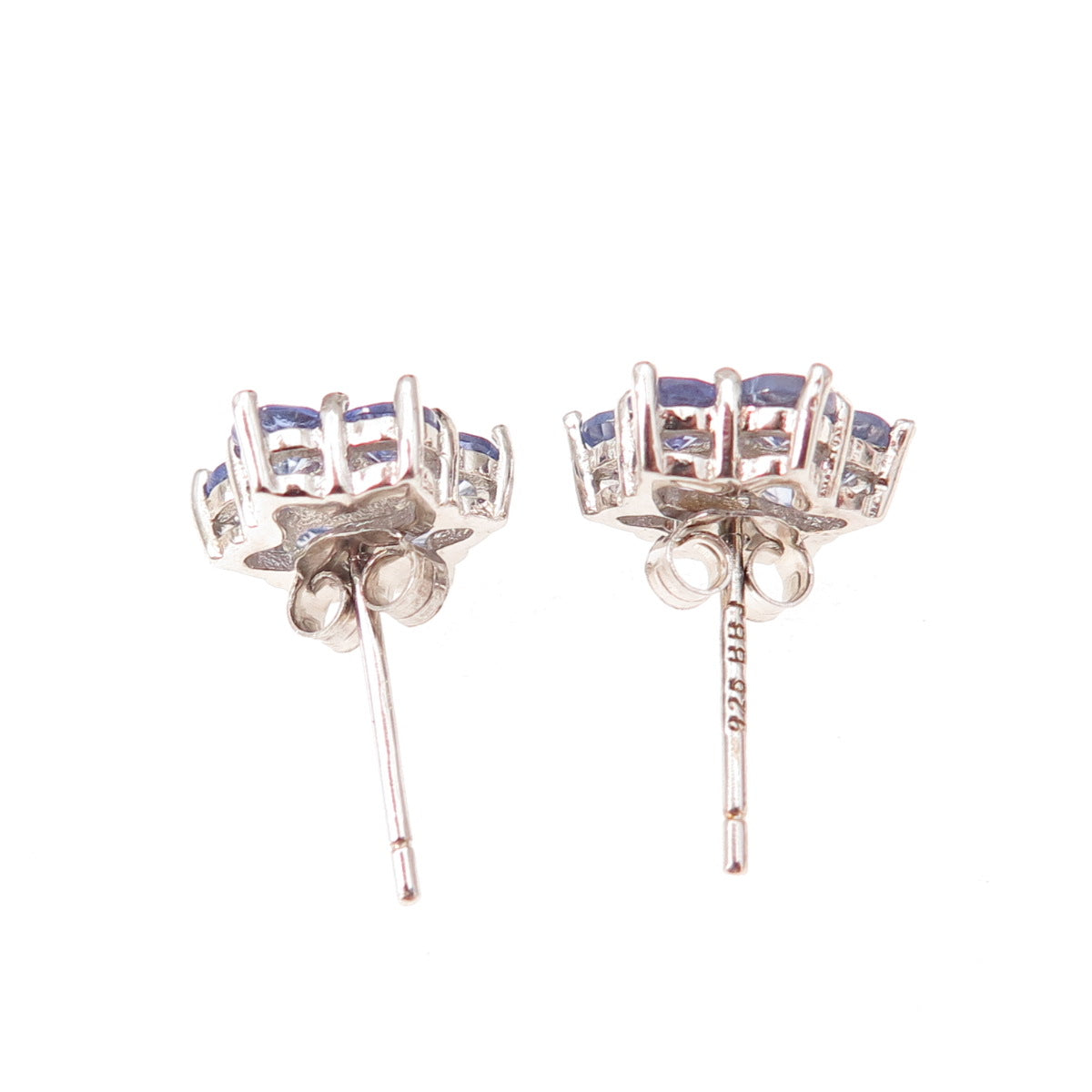 925 Sterling Silver Real Round-Cut Diamond & Tanzanite Floral Stud Earrings