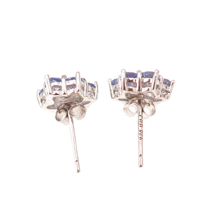 925 Sterling Silver Real Round-Cut Diamond & Tanzanite Floral Stud Earrings