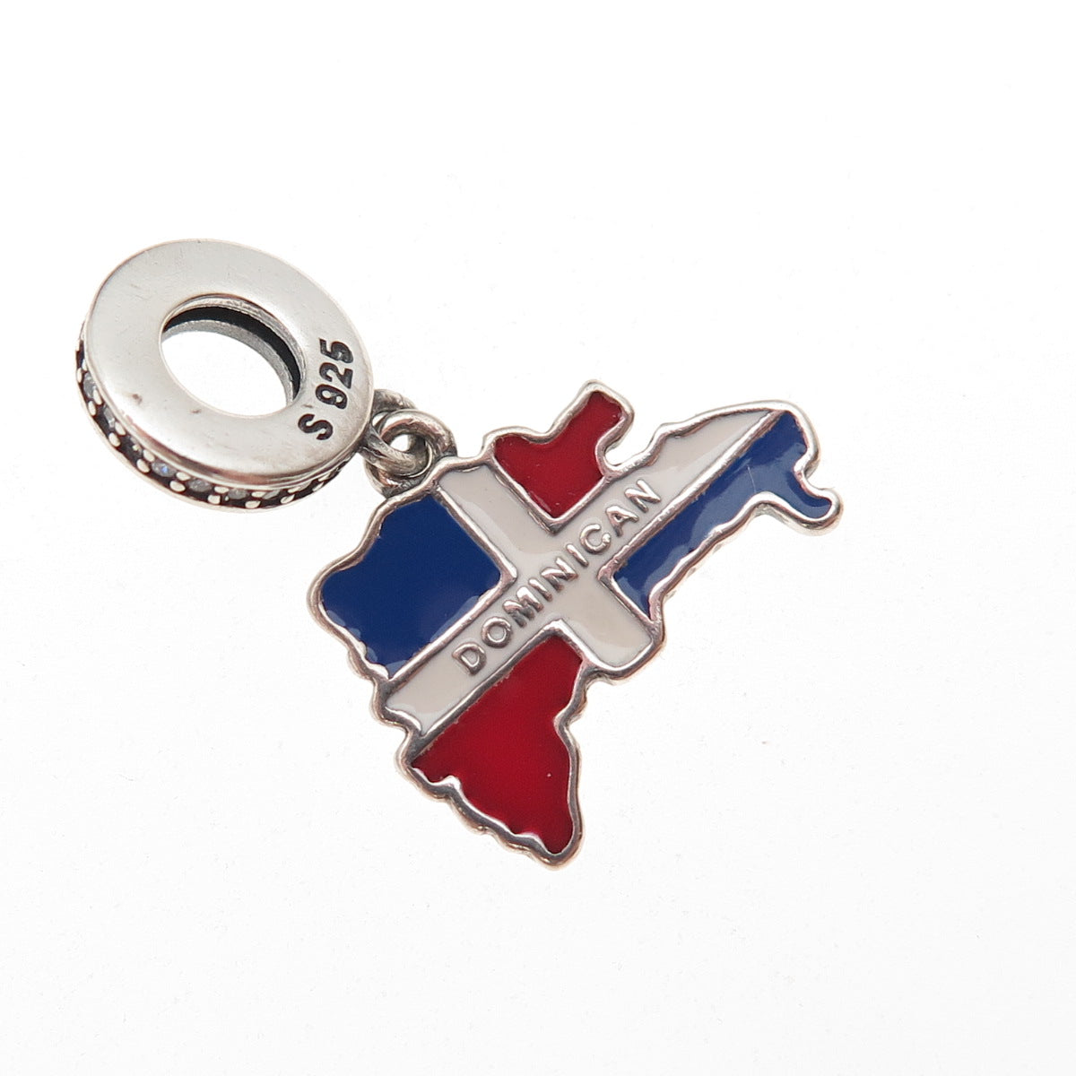 925 Sterling Silver C Z & Enamel Dominican Republic Flag / Map Dangle Charm