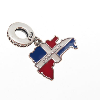 925 Sterling Silver C Z & Enamel Dominican Republic Flag / Map Dangle Charm