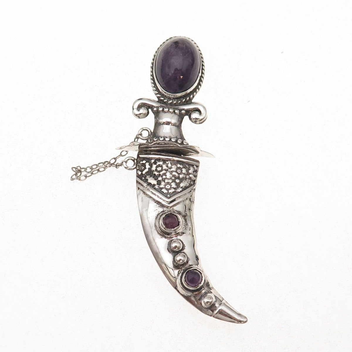 925 Sterling Antique Art Deco Real Amethyst Dagger in Sheath 2-Pc Pin Brooch