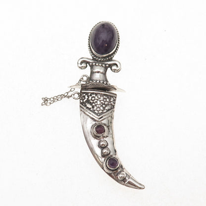 925 Sterling Antique Art Deco Real Amethyst Dagger in Sheath 2-Pc Pin Brooch