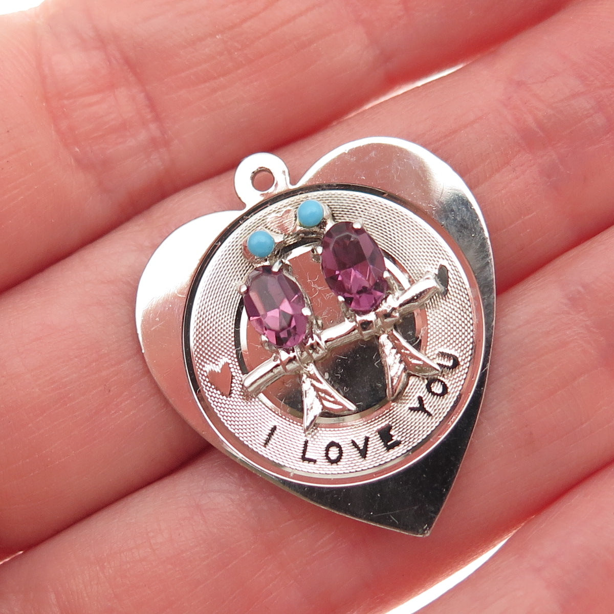 Town & Country 925 Sterling Silver Vintage Rhinestone Birds Heart Charm Pendant