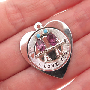 Town & Country 925 Sterling Silver Vintage Rhinestone Birds Heart Charm Pendant