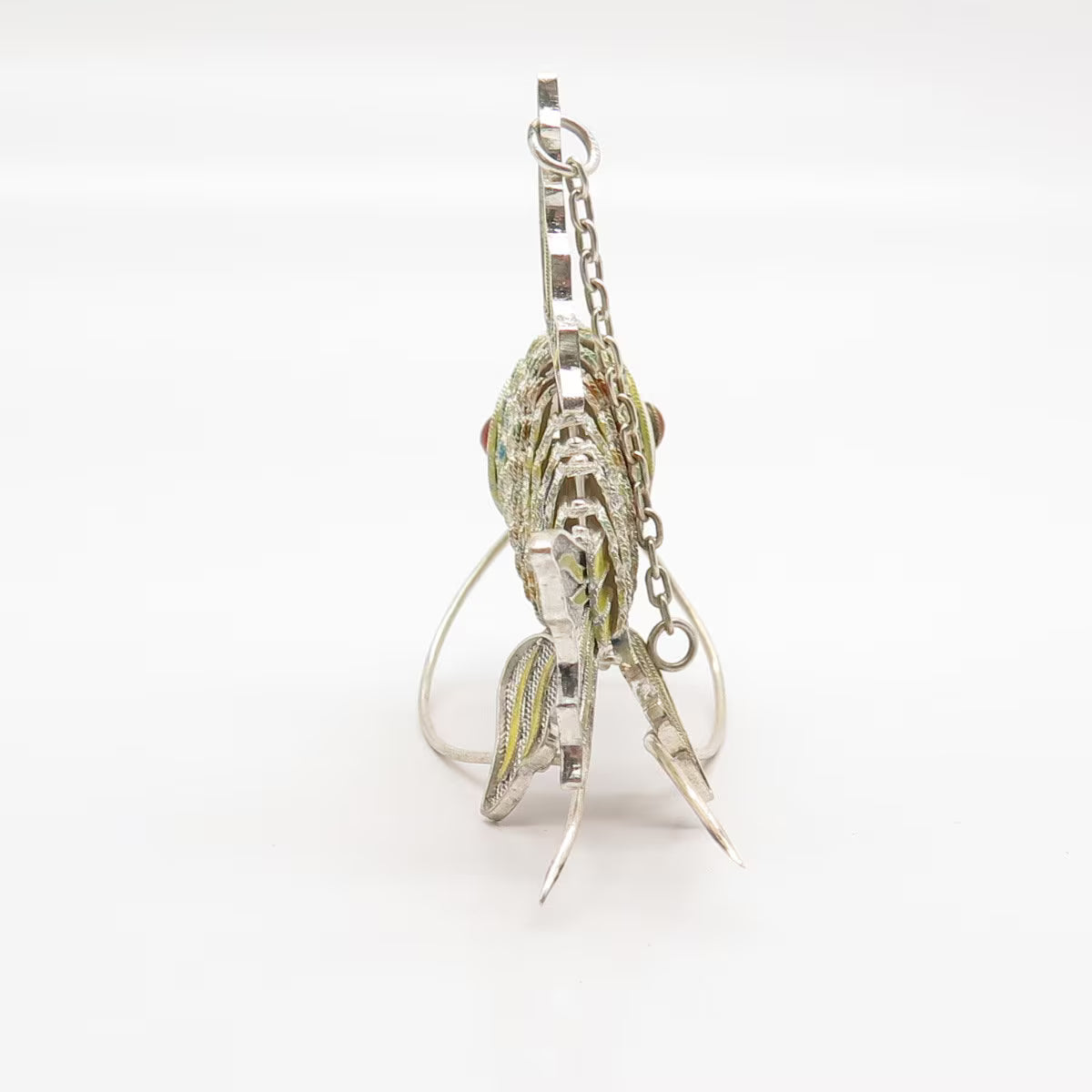 925 Sterling Silver Antique Enamel Chinese Koi Fish Articulated Chatelaine Fob