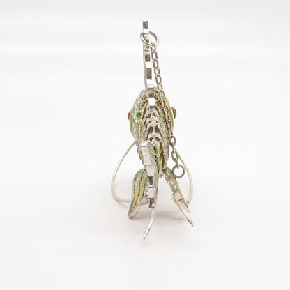 925 Sterling Silver Antique Enamel Chinese Koi Fish Articulated Chatelaine Fob
