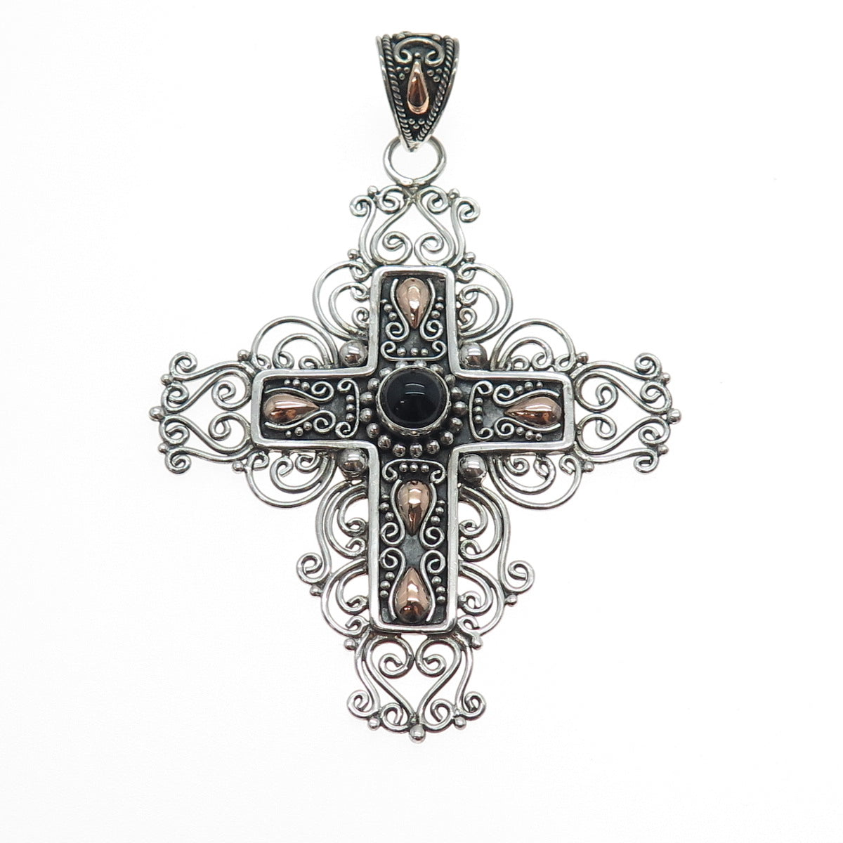 SUARTI BALI 925 Sterling Silver 18K Gold Vintage Real Black Onyx Cross Pendant