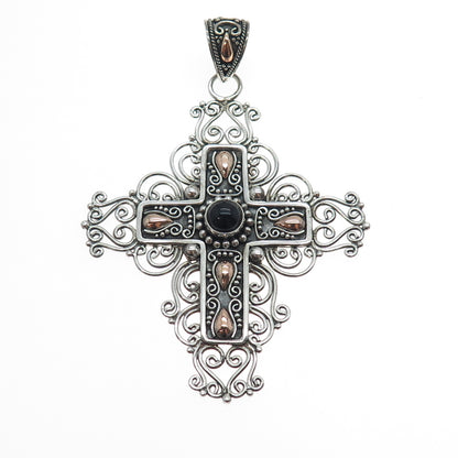 SUARTI BALI 925 Sterling Silver 18K Gold Vintage Real Black Onyx Cross Pendant