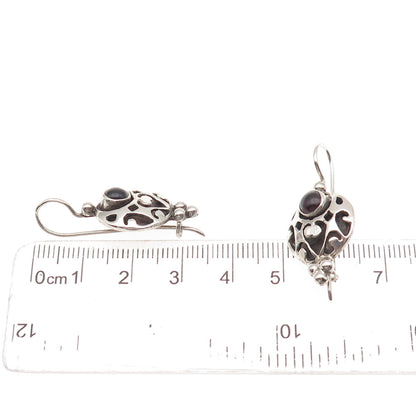 925 Sterling Silver Vintage Real Red Garnet Modernist Heart Oxidized Earrings