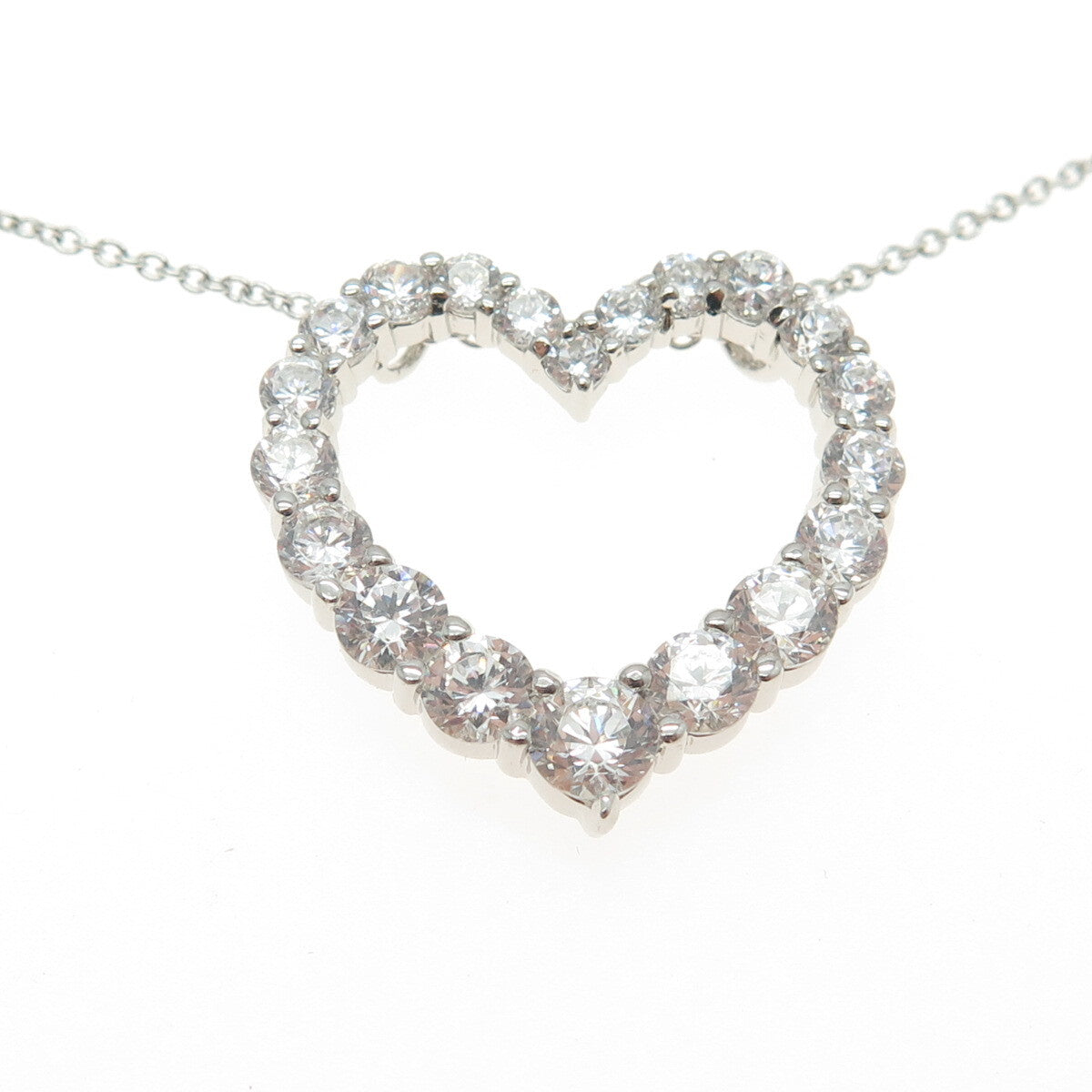 925 Sterling Silver Round-Cut Shaped C Z Open Heart Cable Chain Necklace 16"