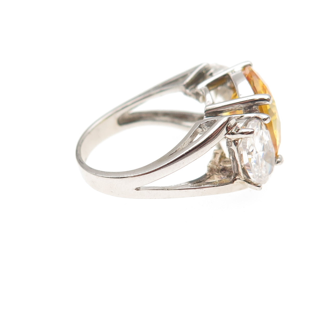 925 Sterling Silver Round-Cut Canary & Oval-Cut White C Z Ring Size 6.25