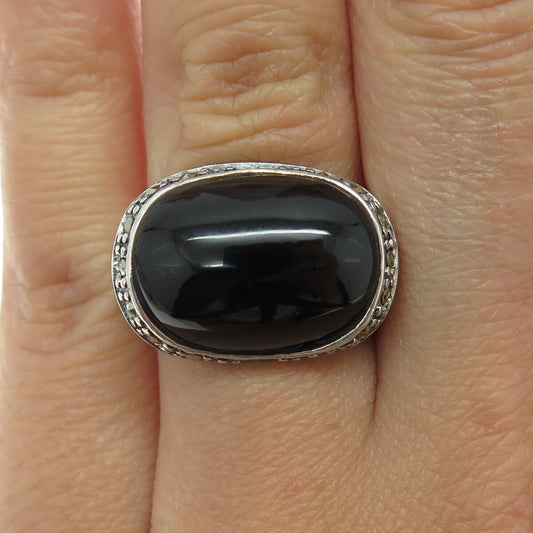 925 Sterling Vintage Black Onyx & Marcasite Gem Art-Deco-Style Ring Size 6.75