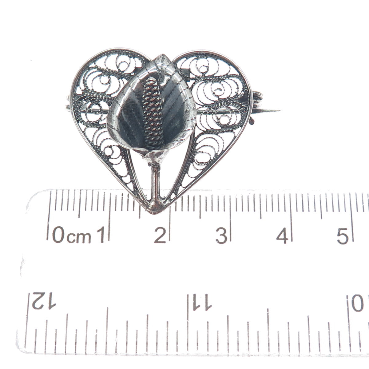 925 Sterling Silver Antique Art Deco Calla Lily Filigree Heart Oxidized Brooch