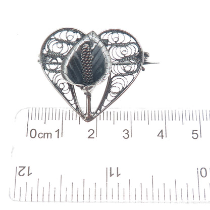 925 Sterling Silver Antique Art Deco Calla Lily Filigree Heart Oxidized Brooch