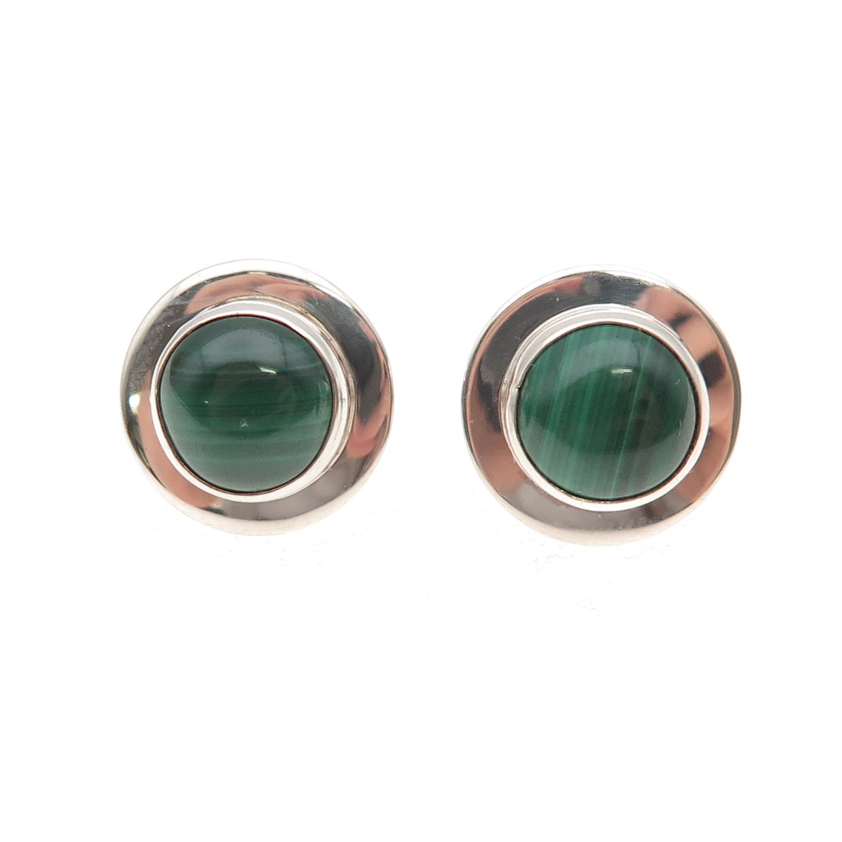 925 Sterling Silver Vintage Real Malachite Modernist Disc Stud Earrings