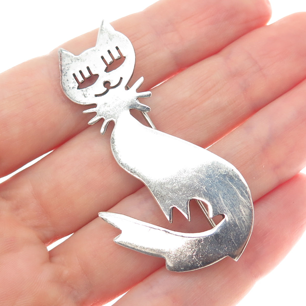 925 Sterling Silver Vintage Mexico Modernist Cat Pin Brooch