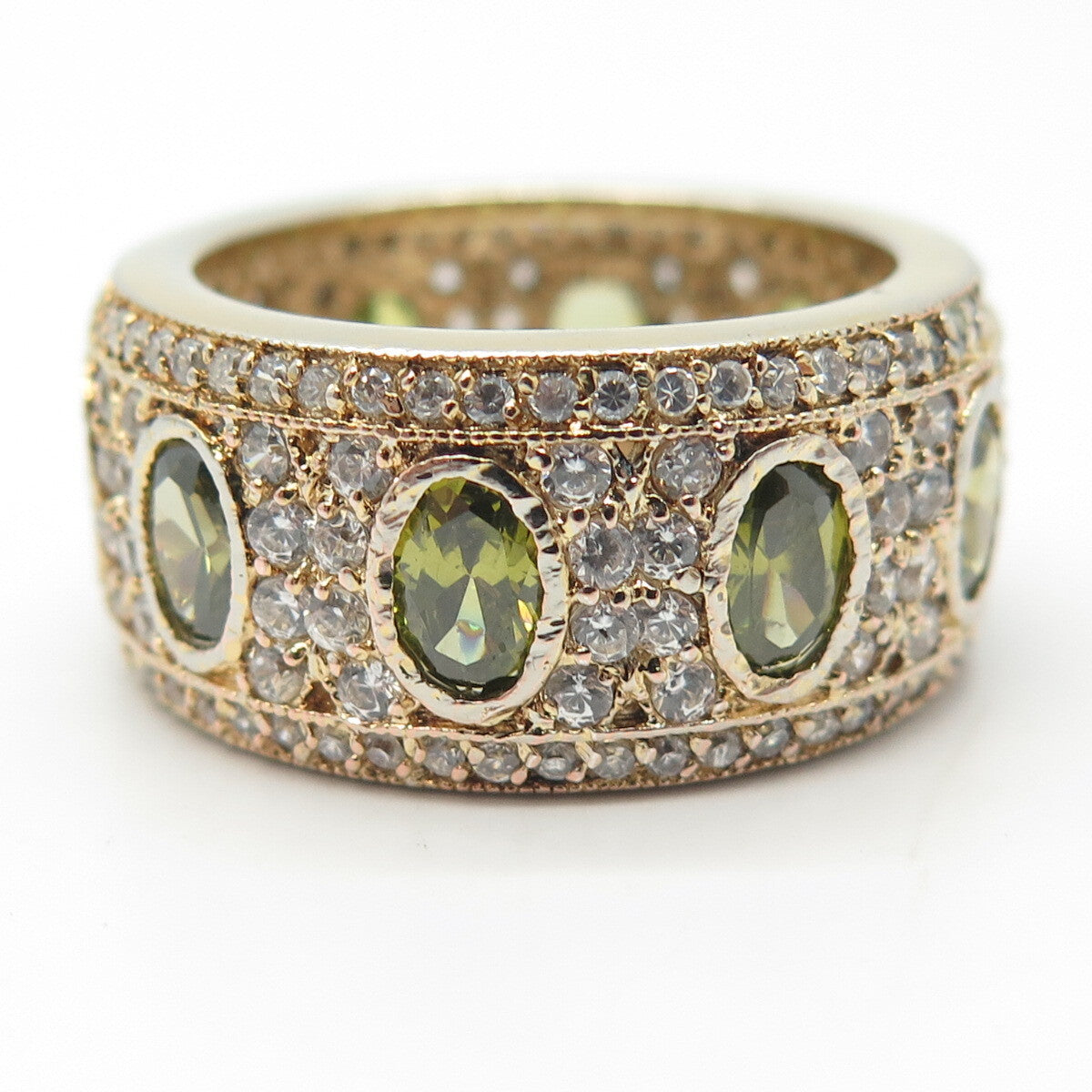 925 Sterling Silver Gold Plated White & Green C Z Band Ring Size 11