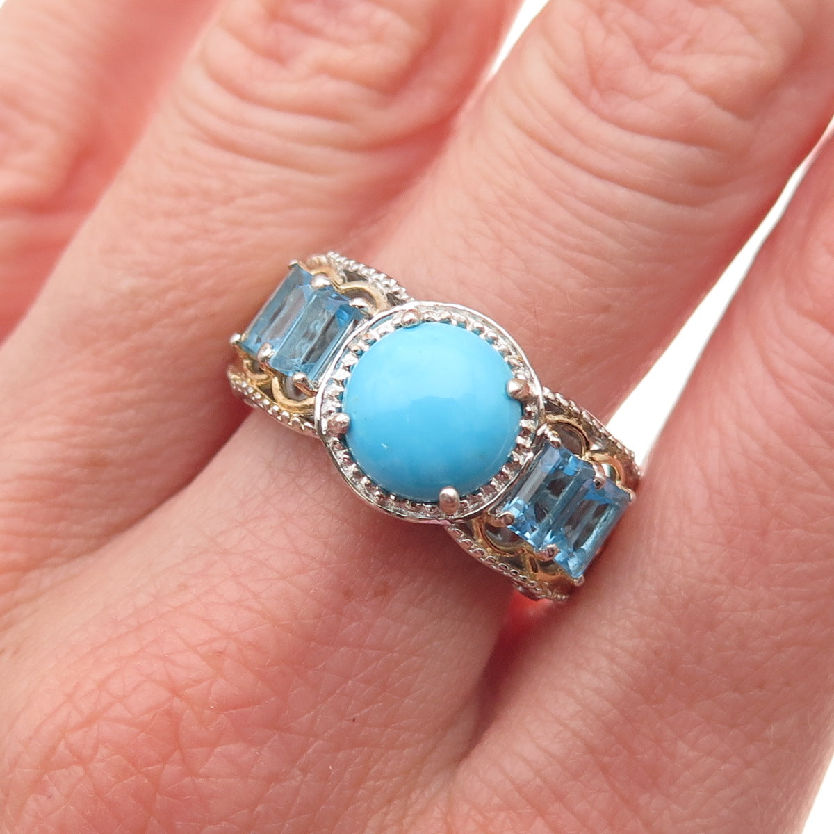 Chuck Clemency 925 Sterling 2-Tone Real Turquoise & Blue Topaz Ring Size 8.25
