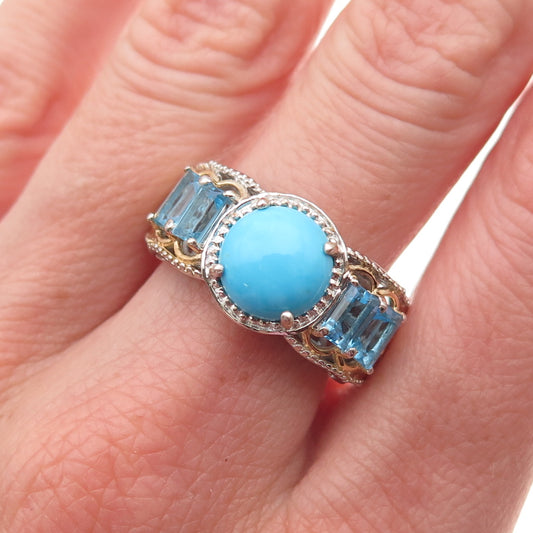 Chuck Clemency 925 Sterling 2-Tone Real Turquoise & Blue Topaz Ring Size 8.25