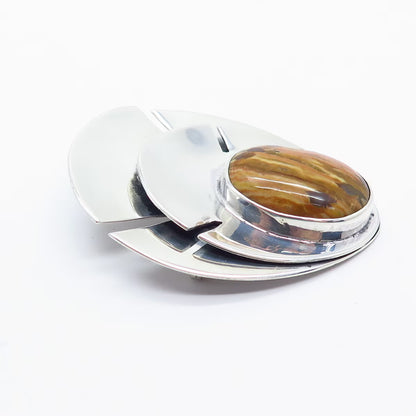 925 Sterling Silver Vintage E. ALLEN Real Brown Agate Gemstone Pin Brooch