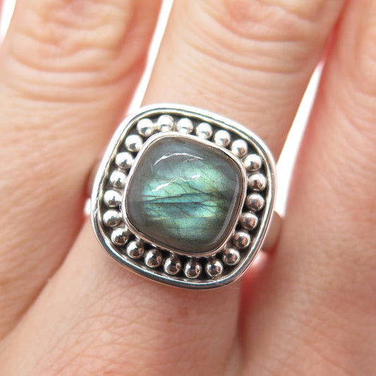 925 Sterling Silver Vintage Real Labradorite Modernist Beaded Ring Size 8.25