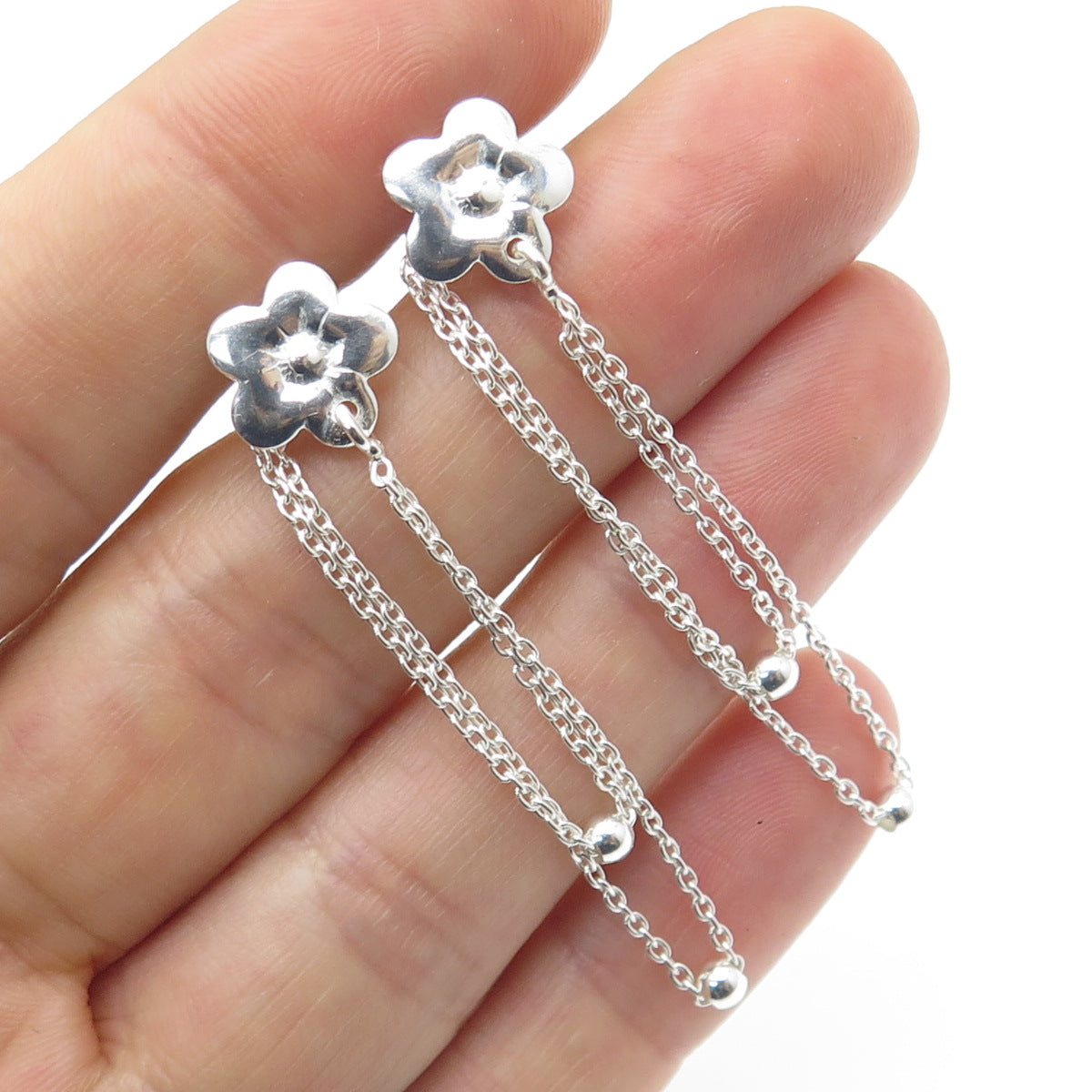 925 Sterling Silver Blooming Flower Ball Chain Drop Earrings